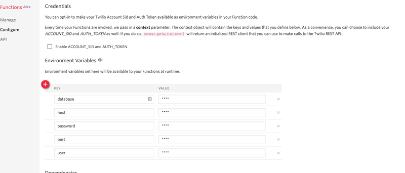mysql twilio integration: Setting environment variables in Twilio Functions